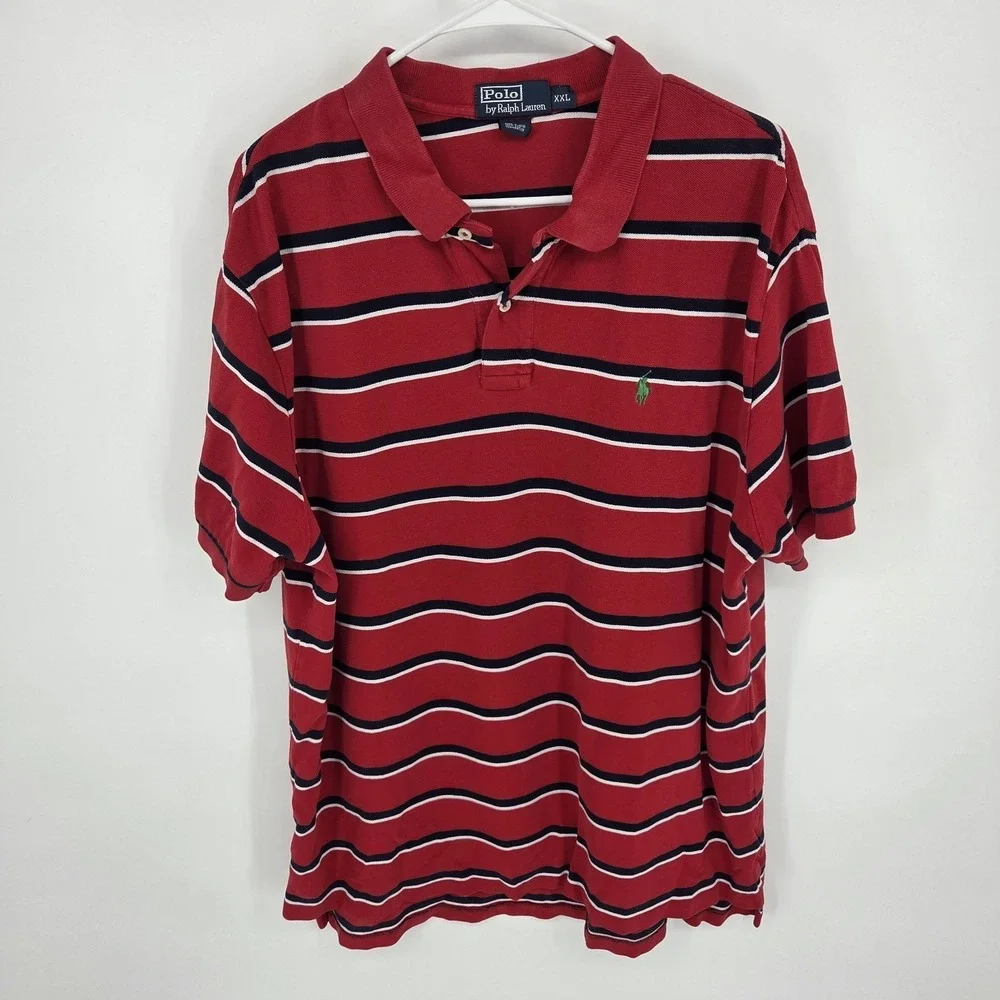 Ralph Lauren Polo Shirt Adult Men's Size XXL Red White Striped Green Pony Cotton